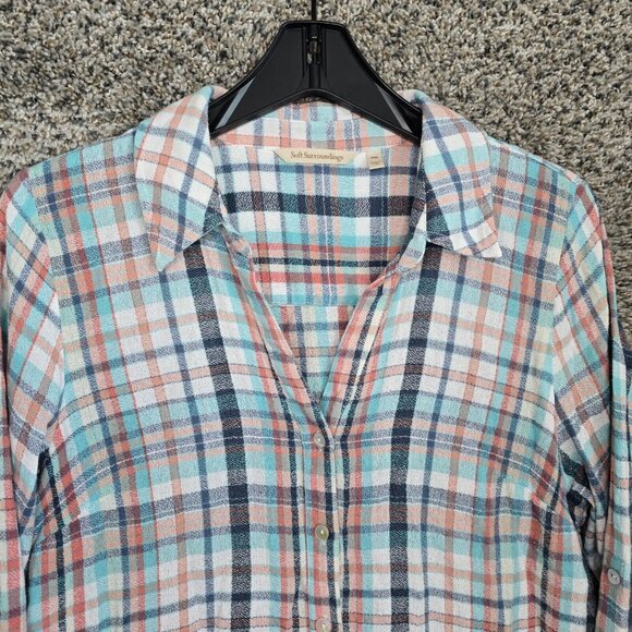 Soft Surroundings Top Womens PM Petite Medium Blue Plaid Button Up Collared - Picture 4 of 7
